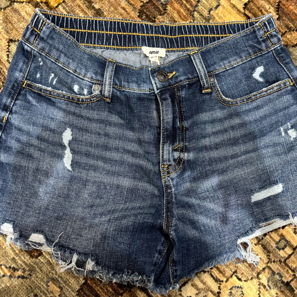 Aerie Women's Frayed Hem Jean Shorts - Dark Blue